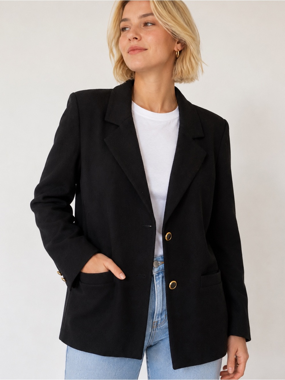 Bleyde Black 100% Wool Blazer Gold Ring Buttons Patch Pockets USA Made